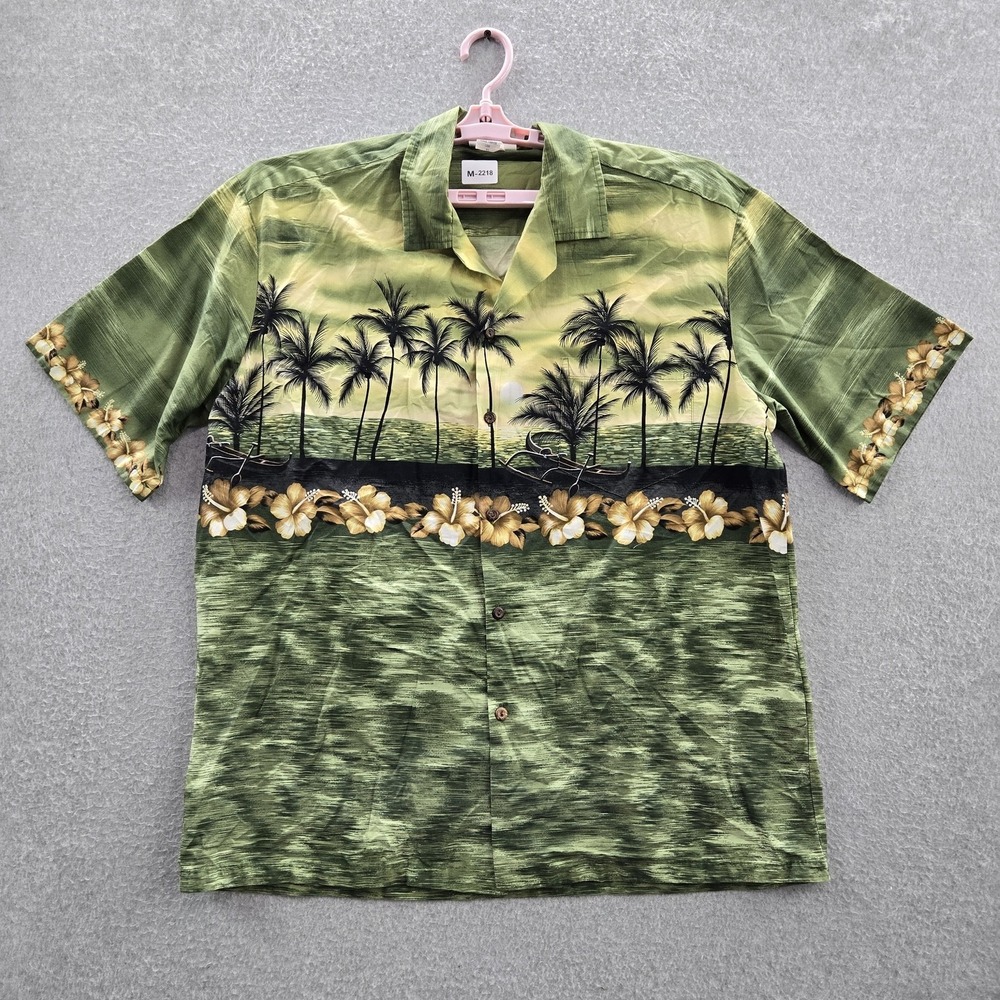 Winnie Fashion‎ Men Button Up Shirt XL Green Hawaiian Floral Palm Trees